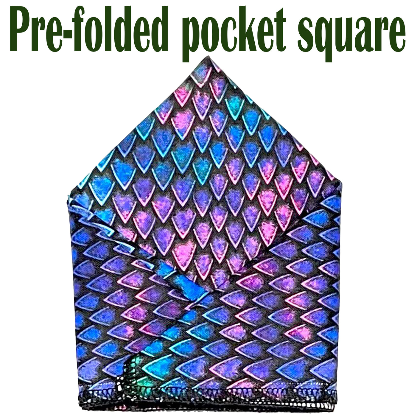 Dragon or Dinosaur Scale design with a gradient of bright colours in blues, pinks & purples on our pre-folded pocket square which is  25cm x 25cm, pre-folded so just pop it straight in your pocket. Handmade from 100% Cotton
