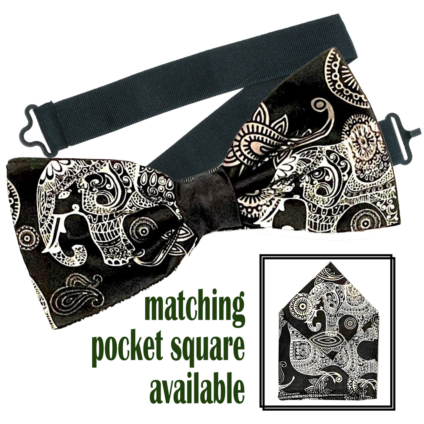 Elephants decorated in paisley designs on our pre-tied bow tie & pre-folded pocket square. The bow tie is on a sliding ribbon to easily attach. The pocket square is  pre-folded so just pop it straight in your breast pocket
