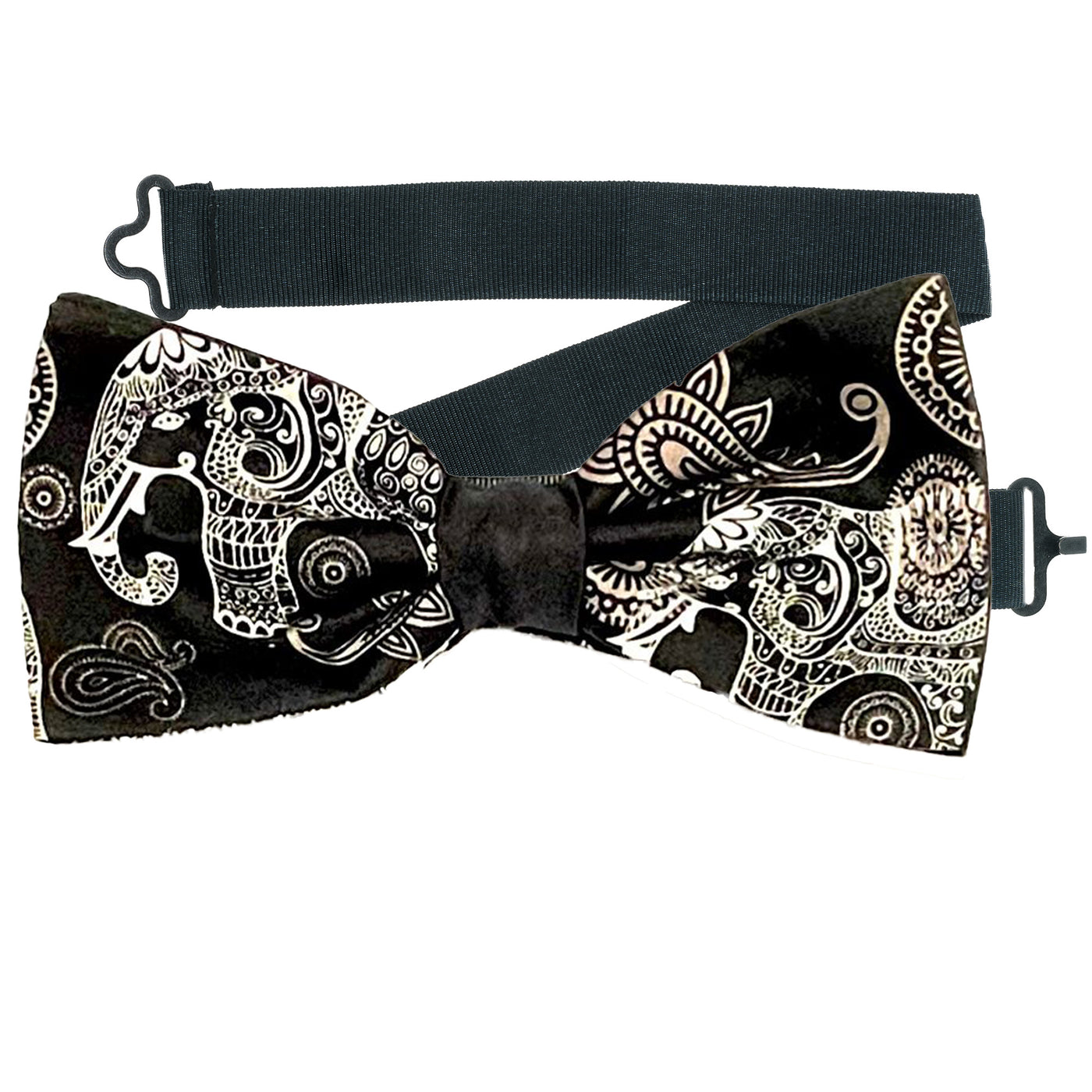 Elephants decorated in paisley designs on our pre-tied bow tie which is on a sliding ribbon to easily attach. The pocket square is  25cm x 25cm, pre-folded just pop it straight in your breast pocket Handmade from 100% Cotton
