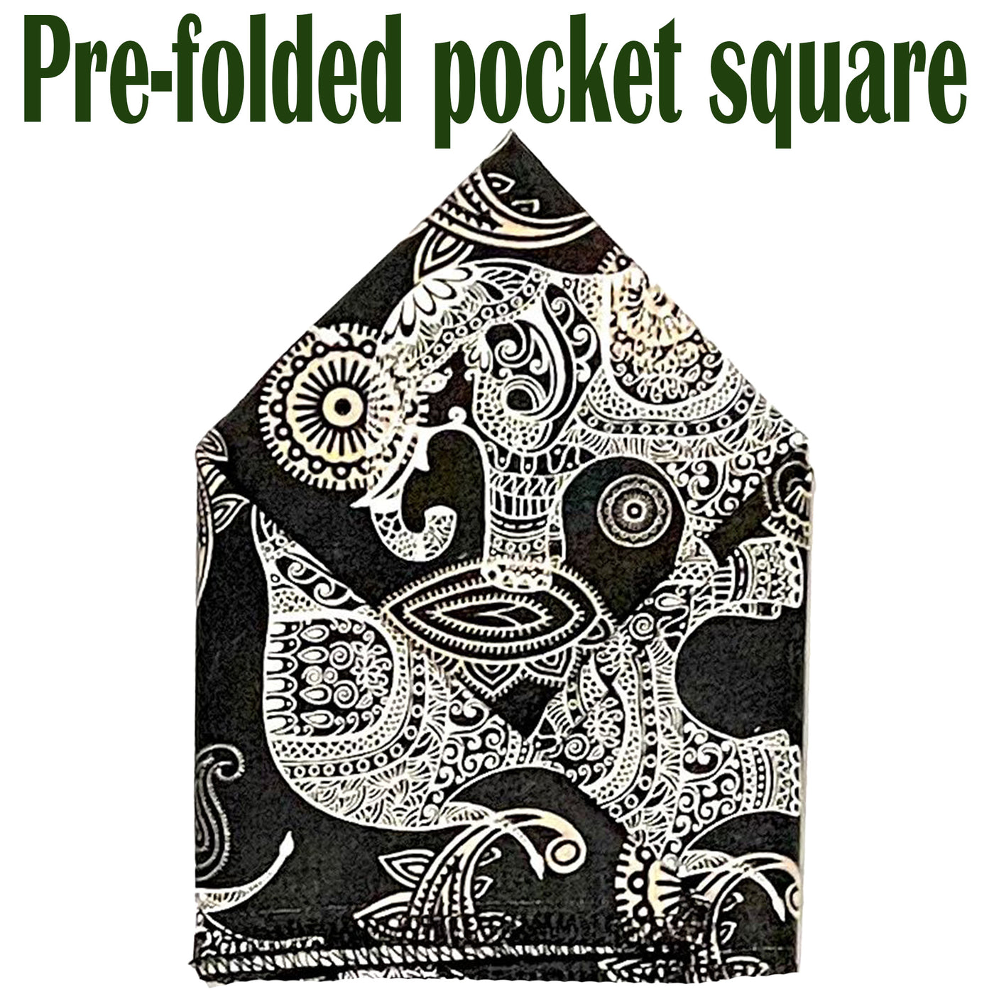 Elephants decorated in paisley designs in our pre-folded pocket square.  The pocket square is  25cm x 25cm, pre-folded so just pop it straight in your breast pocket. Handmade from 100% Cotton
