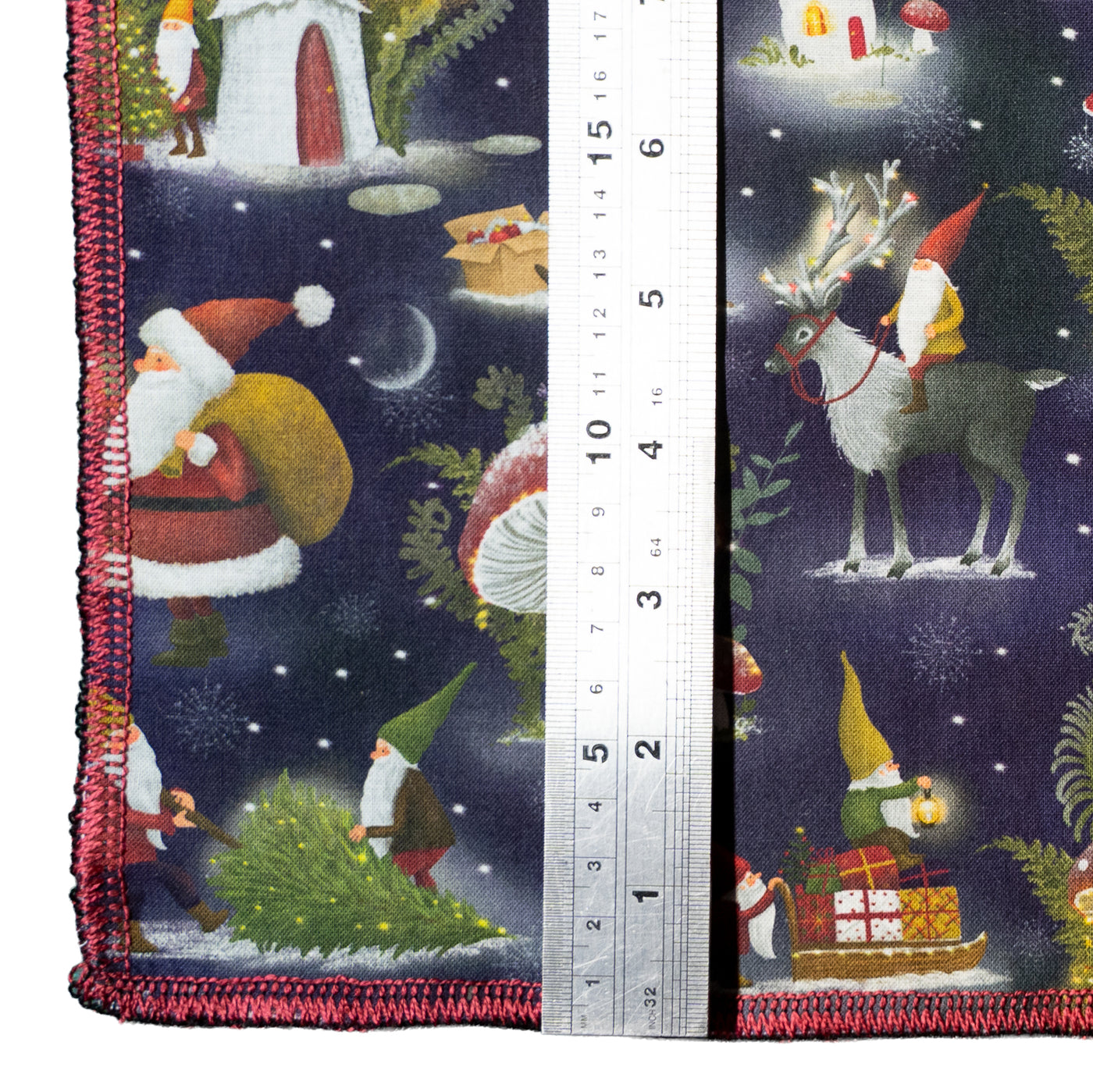 Christmas Bandana with gonks, elfs, santa & reindeers in a snowy scene.  Handmade from 100% cotton fold to wrap around your head for full cover or wear as a thin band.  Can also be used as a wrist wrap
