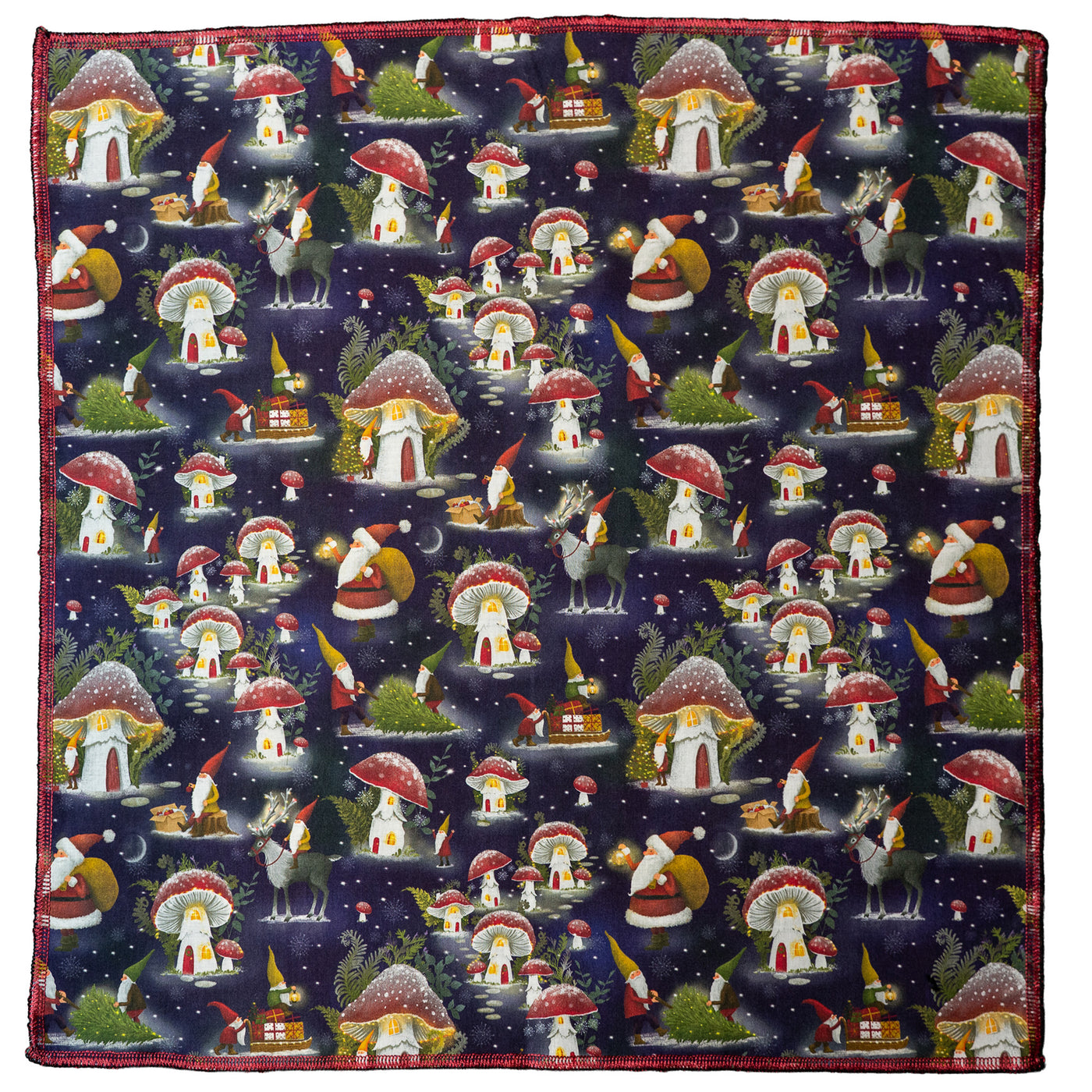 Christmas Bandana with gonks, elfs, santa & reindeers in a snowy scene.  Handmade from 100% cotton fold to wrap around your head for full cover or wear as a thin band.  Can also be used as a wrist wrap
