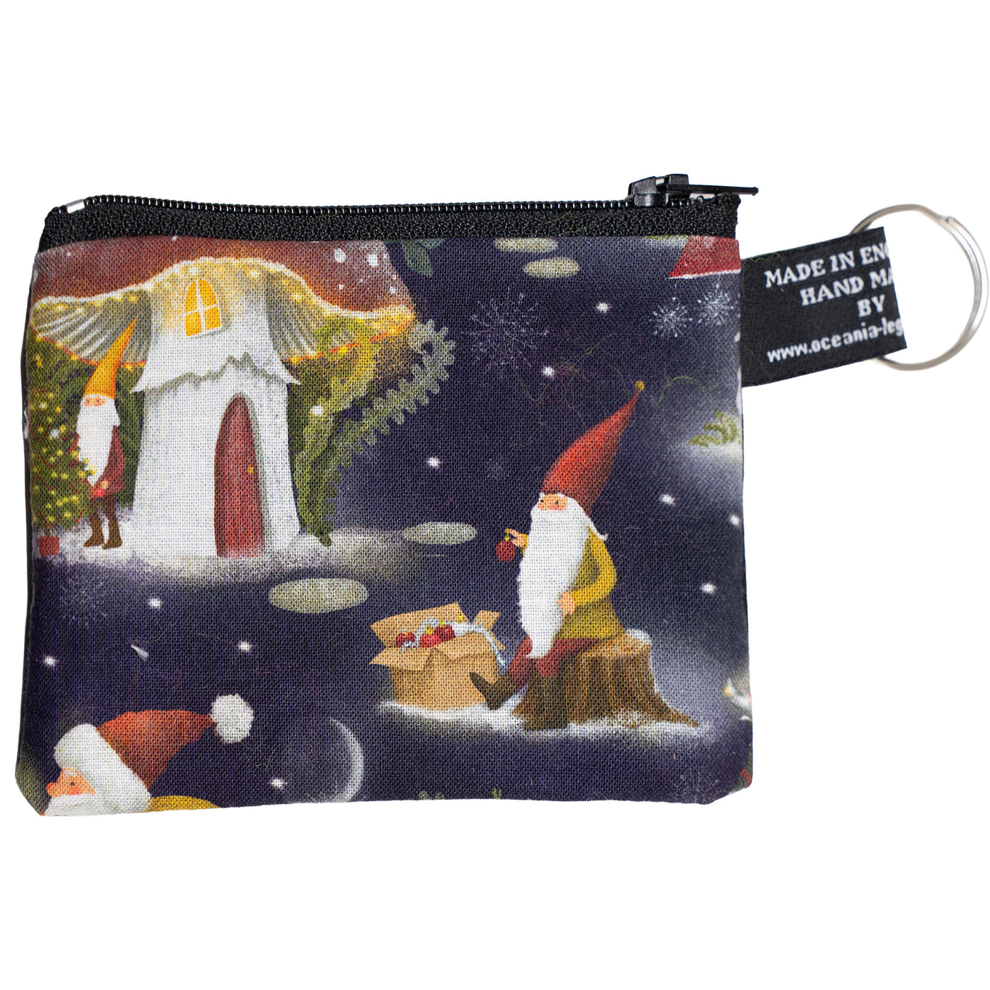 Coin & Card Purse with a lovely Christmas scene with elf/gonks and toadstools  . A snowy nighttime setting with gonks and Santa. Chosen and random Design on one side and black cotton on the reverse.  With an optional RFID Insert to block scanners

