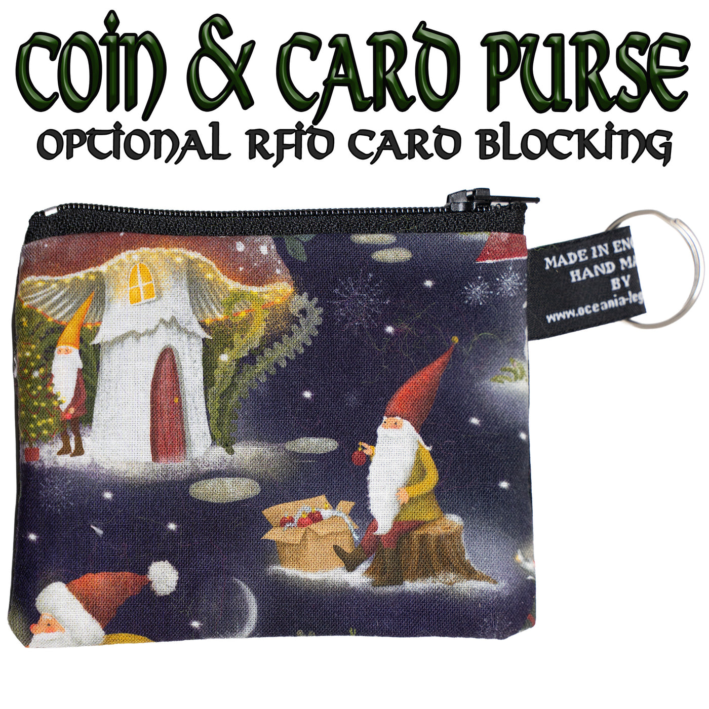 Coin & Card Purse with a lovely Christmas scene with elf/gonks and toadstools  . A snowy nighttime setting with gonks and Santa. Chosen and random Design on one side and black cotton on the reverse.  With an optional RFID Insert to block scanners
