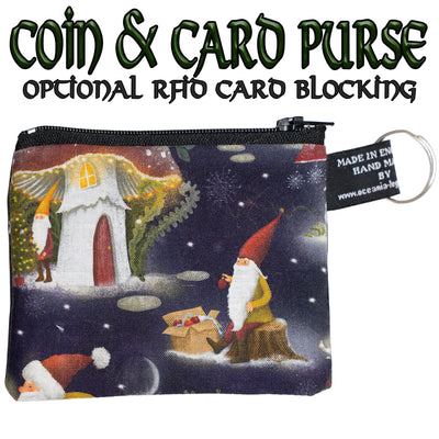 Coin & Card Purse with a lovely Christmas scene with elf/gonks and toadstools  . A snowy nighttime setting with gonks and Santa. Chosen and random Design on one side and black cotton on the reverse.  With an optional RFID Insert to block scanners
