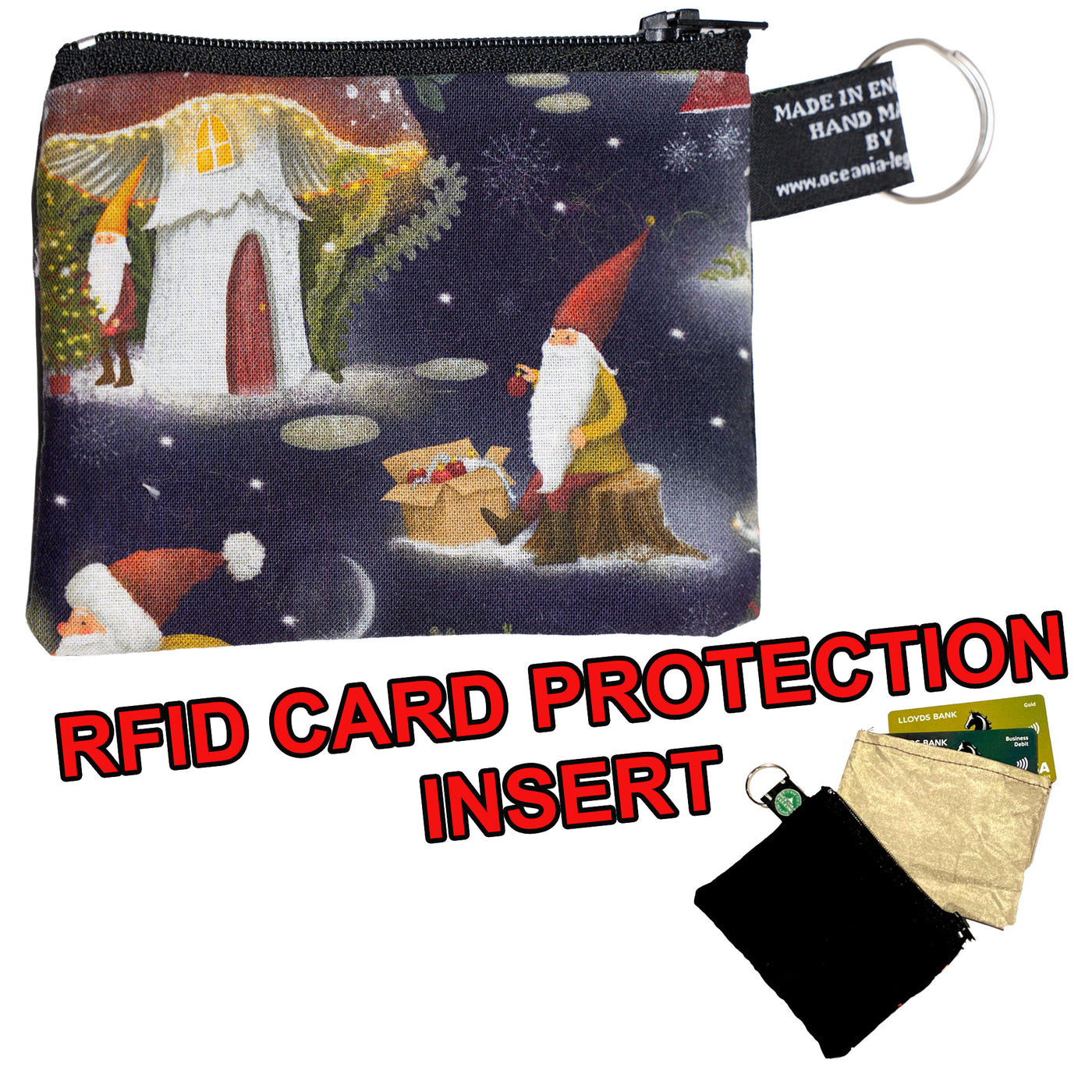 Coin & Card Purse with a lovely Christmas scene with elf/gonks and toadstools  . A snowy nighttime setting with gonks and Santa. Chosen and random Design on one side and black cotton on the reverse.  With an RFID Insert to block scanners
