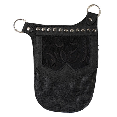 Real Leather back holster to keep your belongings and valuables safe.  It has an adjustable strap with buckles at the front with chrome effect studs in various places, rings that sit on the shoulders and another buckle securing at the back.  on the side is a decorative pouch for your valuables to keep them out of site.  This one has a black brocade design on the pouch
