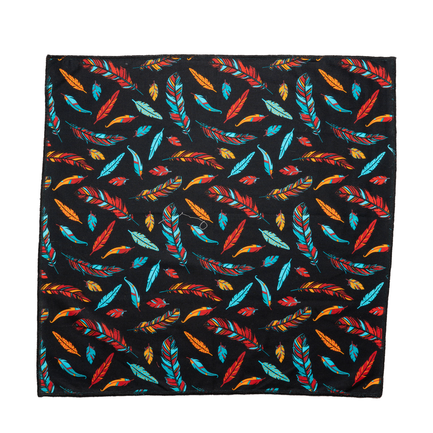 Beautiful fabric, feathers in a random pattern in shades of red, turquoise, blue & orange. Handmade square bandana approx. 21.5" x 21.5" the fabric is machine washable 100% cotton Navajo inspired design