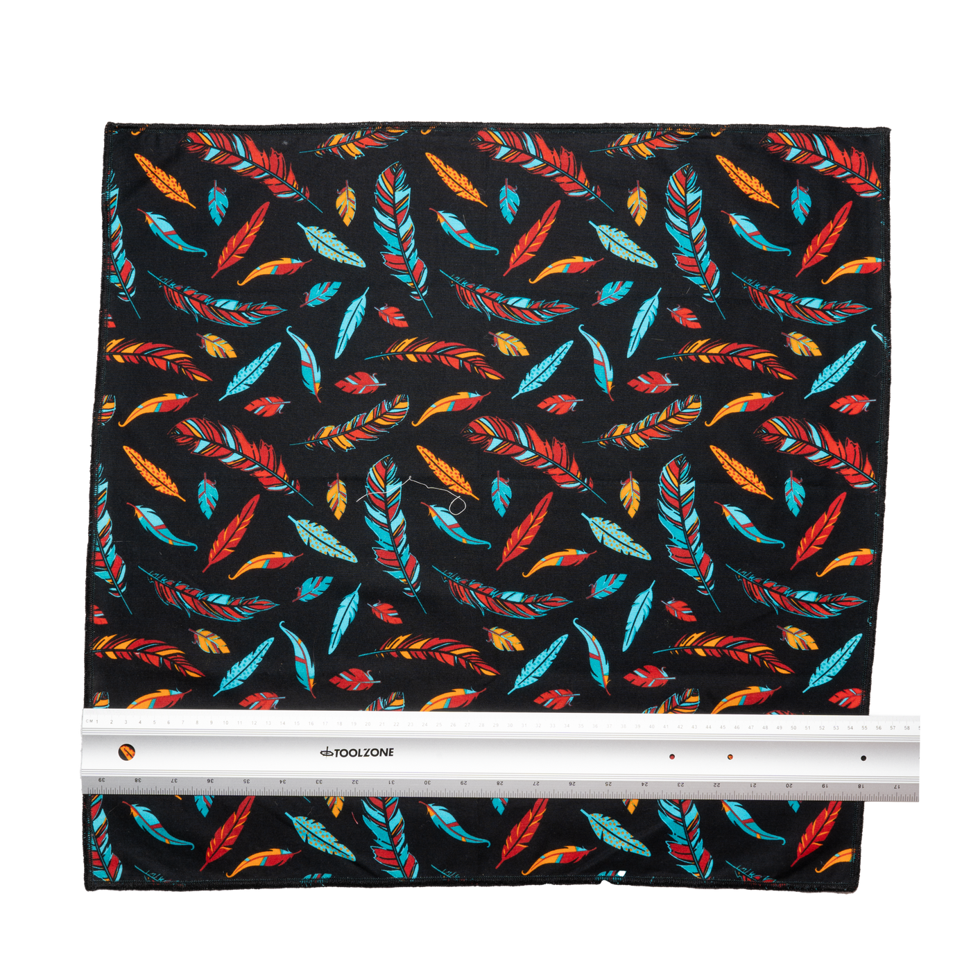 Beautiful fabric, feathers in a random pattern in shades of red, turquoise, blue & orange. Handmade square bandana approx. 21.5" x 21.5" the fabric is machine washable 100% cotton Navajo inspired design