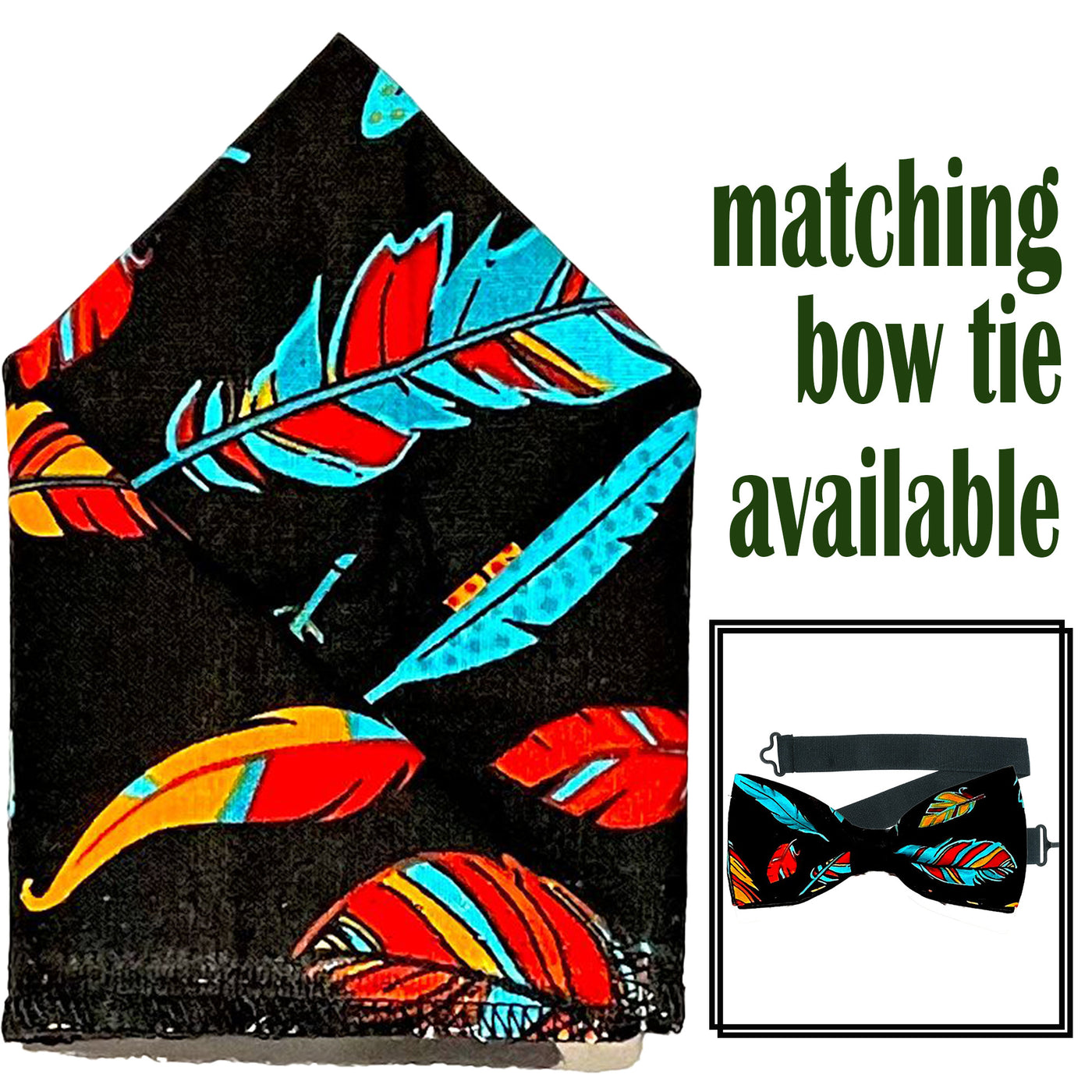 Bright coloured feathers in red, blue & orange on our pre-tied bow tie & pre-folded pocket square.  The bow tie is on a sliding ribbon to easily attach. The pocket square is  25cm x 25cm, pre-folded so just pop it straight in your breast pocket.
