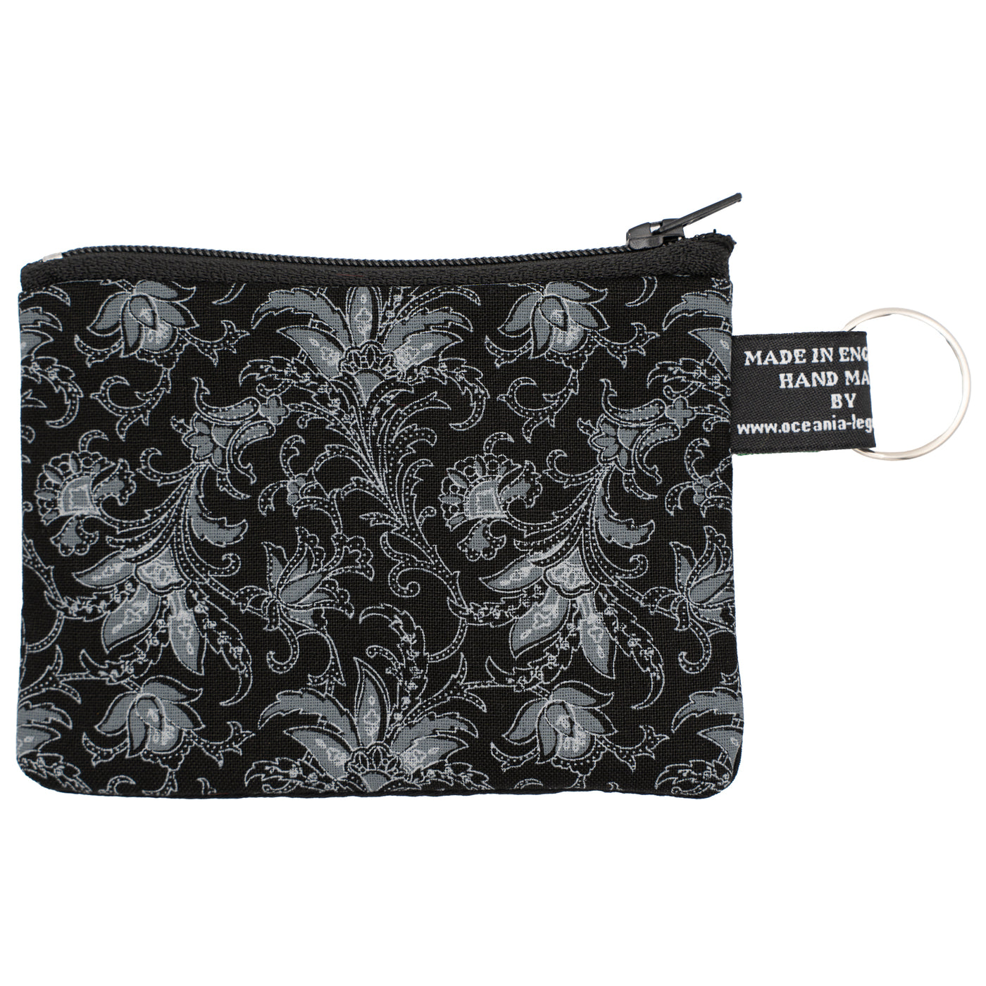 Monochrome floral design in greys & white on a black zipped cotton purse. Suitable for coins & cards, choose an optional RFID blocker to protect from scanners