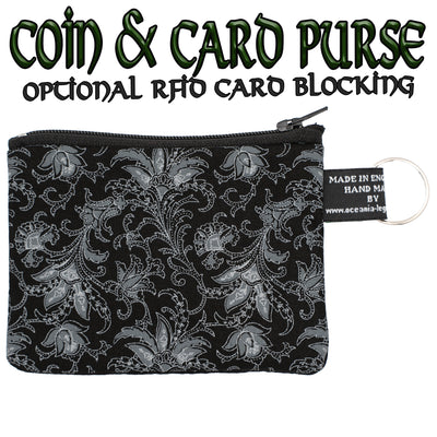 Monochrome floral design in greys & white on a black zipped cotton purse. Suitable for coins & cards, choose an optional RFID blocker to protect from scanners