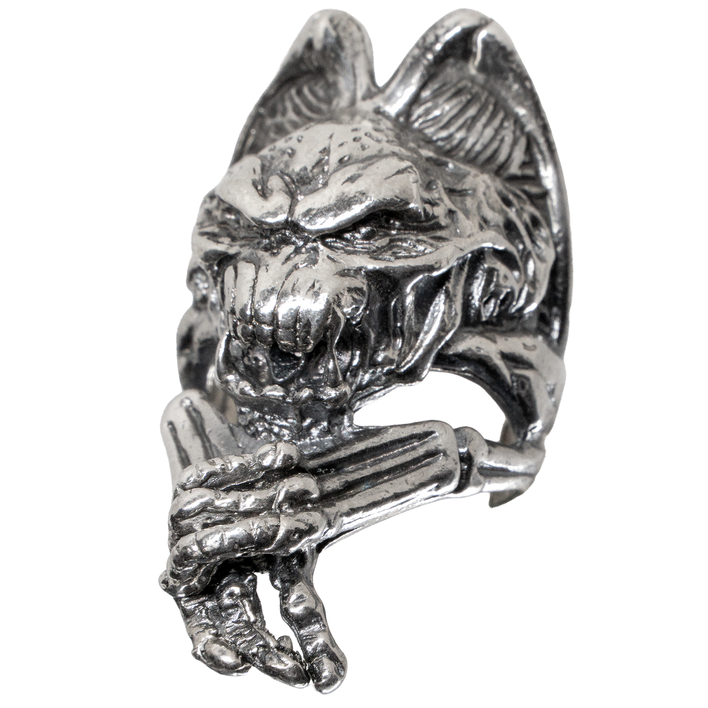 Winged gargoyle ring made from 925 solid sterling ring. Hideous beast with hands crossed and baring teeth, ghoulish character.  Available in sizes M - Z+5.  Please ask for alternative sizes.
