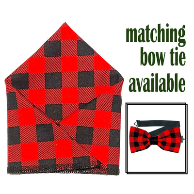 Red & Black Gingham, great retro/punk designer handmade pre-tied bow tie & pre-folded pocket square.  The bow tie is on a sliding ribbon to attach easily. The pocket square is pre-folded for your pocket. Handmade from 100% cotton
