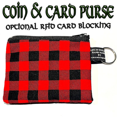 Red & Black gingham plaid 100% cotton handmade coin and card purse