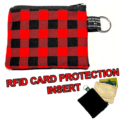 Red & Black gingham plaid 100% cotton handmade coin and card purse with an RFID insert to protect your cards from scanners