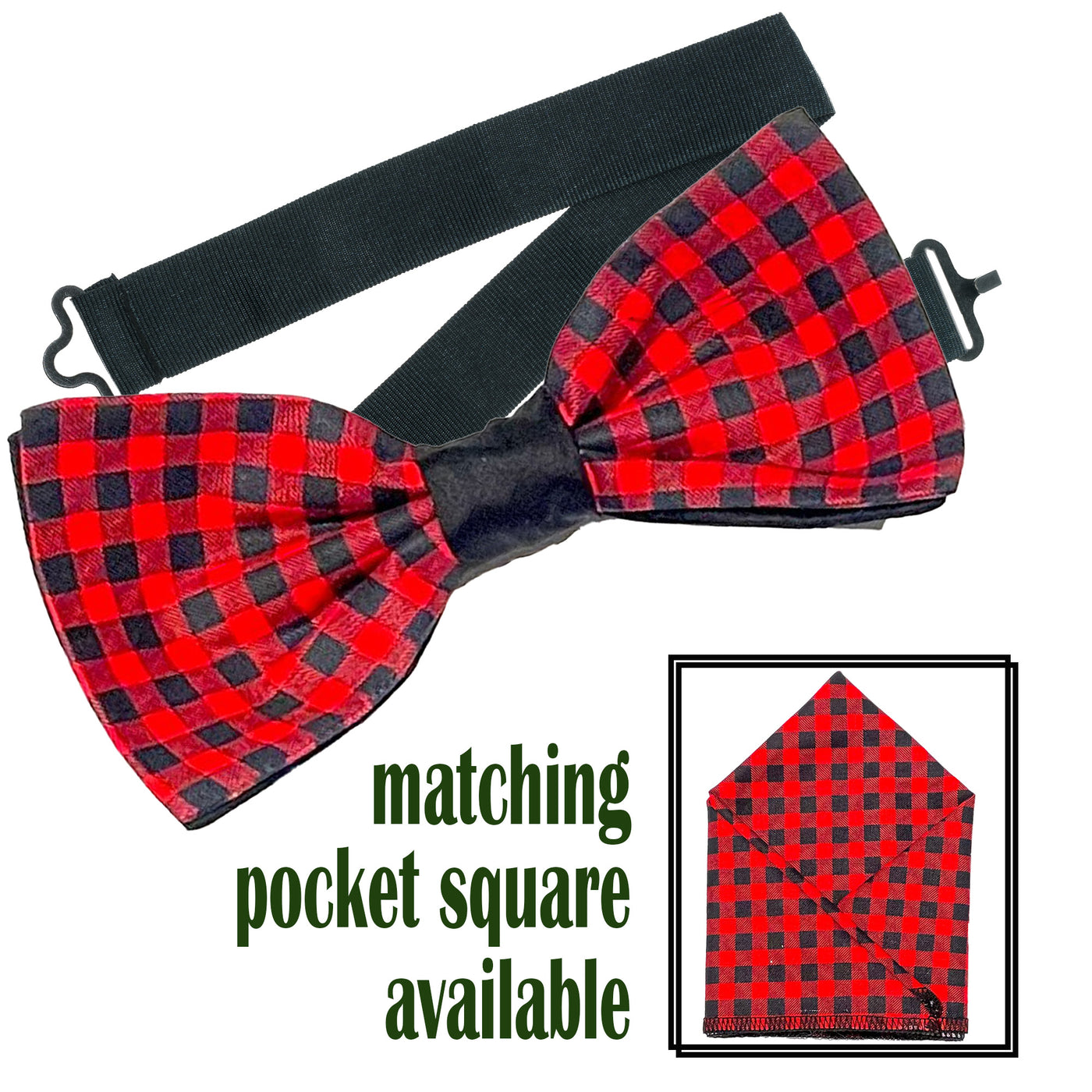 Red & Black Gingham, great retro/punk designer handmade pre-tied bow tie & pre-folded pocket square.  The bow tie is on a sliding ribbon to attach easily. The pocket square is pre-folded for your pocket. Handmade from 100% cotton
