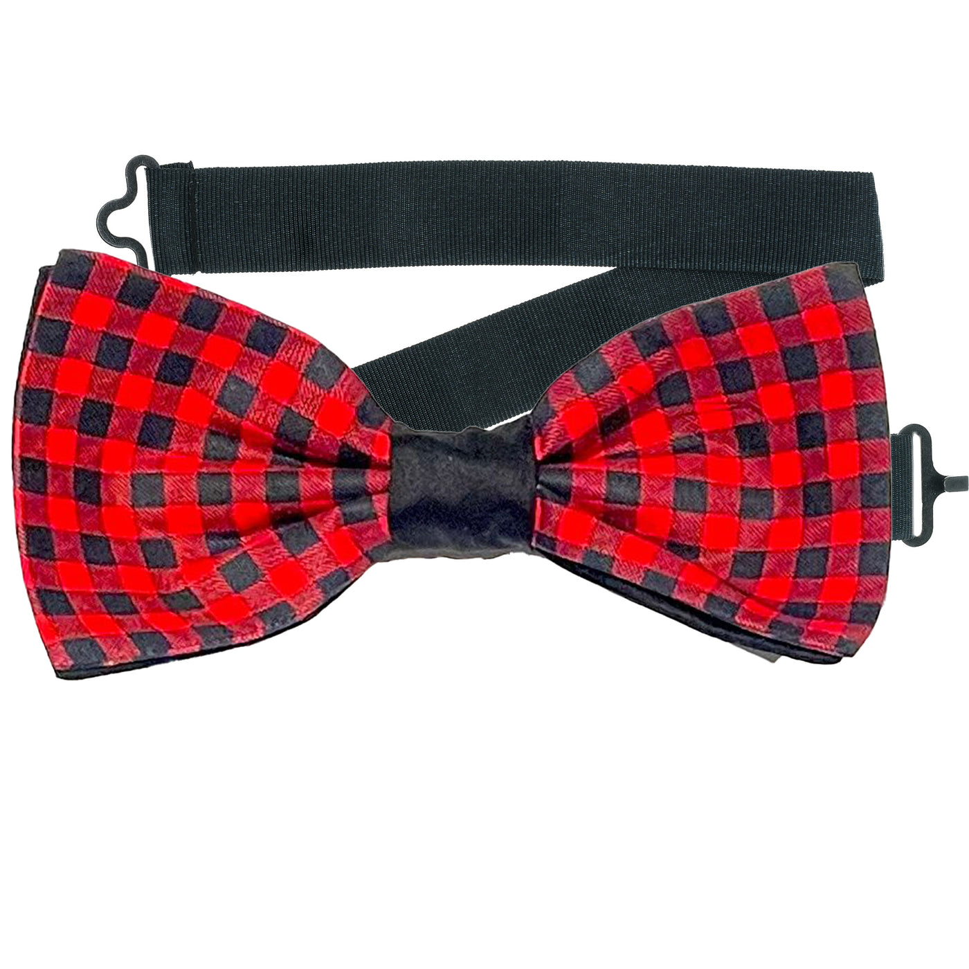 Red & Black Gingham, great retro/punk designer handmade pre-tied bow tie which is on a sliding ribbon to place and attach easily.   Handmade from 100% cotton
