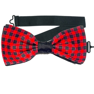 Red & Black Gingham, great retro/punk designer handmade pre-tied bow tie which is on a sliding ribbon to place and attach easily.   Handmade from 100% cotton
