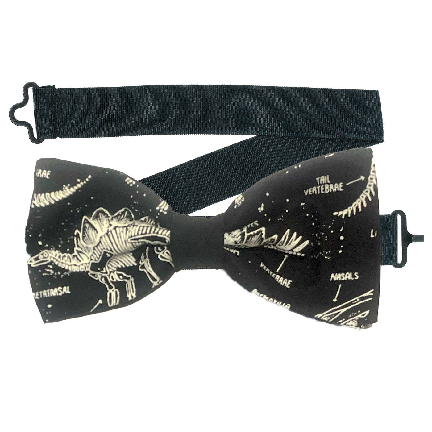 Glow in the dark dinosaur skeletons bow tie. Handmade from Timeless Treasures 100% Cotton