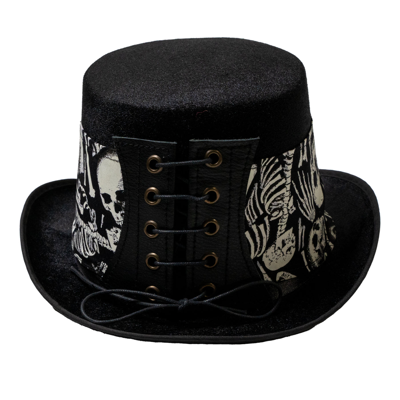 Felt style Top Hat  with a handmade corset style band with a glow in the dark skeleton, skulls & bones design in cotton fabric.  It is attached to the hat with a corset style leather band, tied with a bootlace cord criss crossed