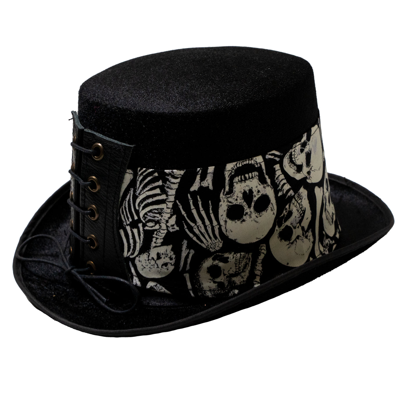 Felt style Top Hat  with a handmade corset style band with a glow in the dark skeleton, skulls & bones design in cotton fabric.  It is attached to the hat with a corset style leather band, tied with a bootlace cord criss crossed