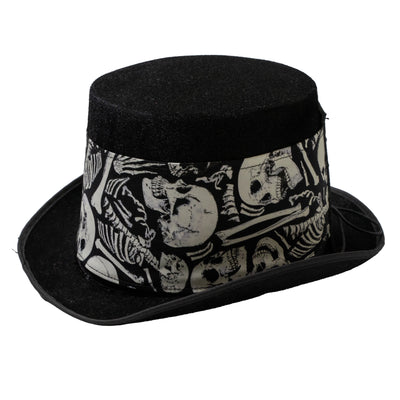 Felt style Top Hat  with a handmade corset style band with a glow in the dark skeleton, skulls & bones design in cotton fabric.  It is attached to the hat with a corset style leather band, tied with a bootlace cord criss crossed