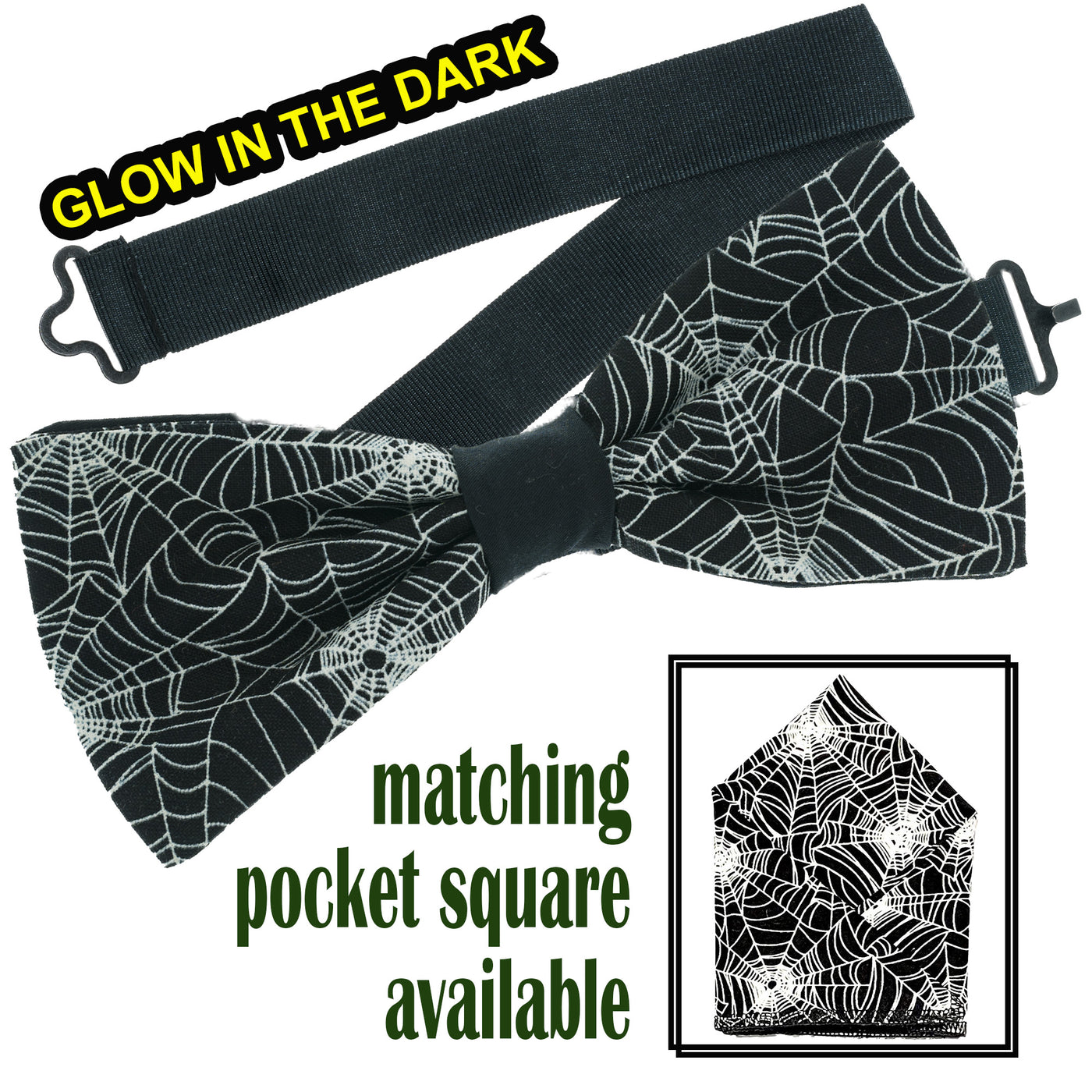 Spider's Web design on black fabric.  The spider webs actually glow in the dark on our handmade bow tie & pocket square.  The bow tie is on a sliding ribbon to easily place & attach. The pocket square is  25cmx25cm just pop it straight in your pocket
