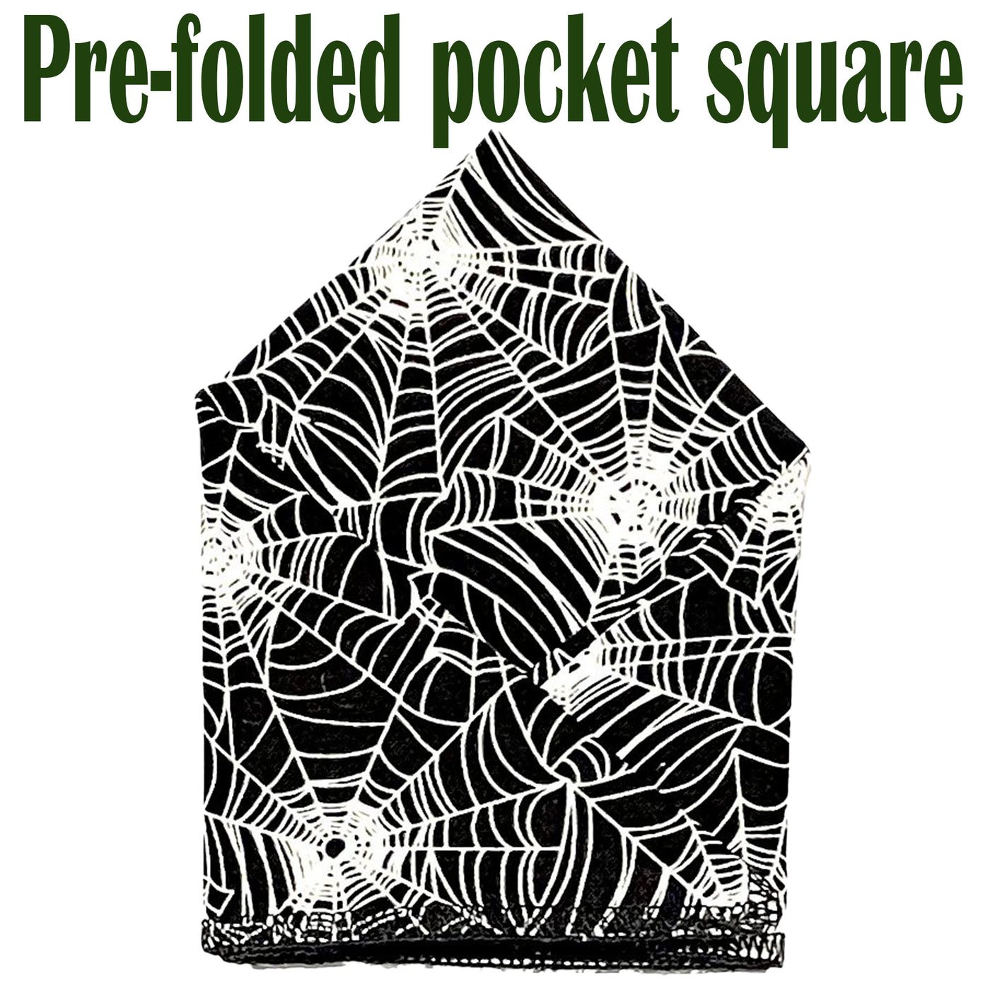 Spider's Web design on black fabric.  The spider webs actually glow in the dark on our handmade pocket square.  The pocket square is  25cmx25cm just pop it straight in your pocket
