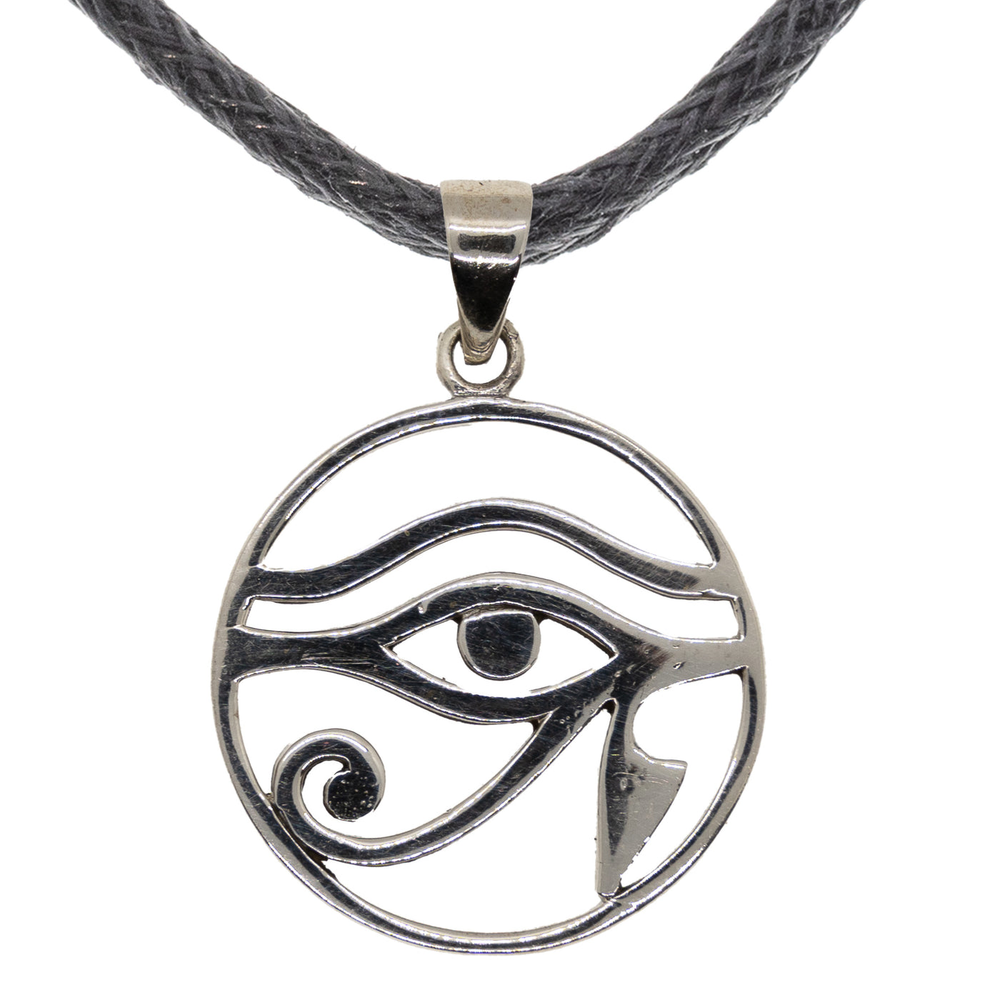 Eye of horus pendant 925 sterling silver, supplied on a bootlace cord, or you can buy a silver chain from our shop