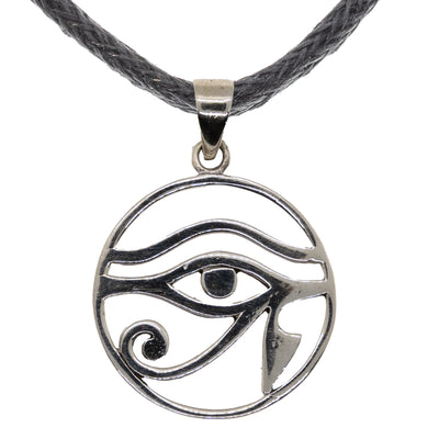 Eye of horus pendant 925 sterling silver, supplied on a bootlace cord, or you can buy a silver chain from our shop