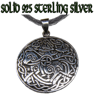 925 STERLING SILVER VIKING PENDANT.  A CIRCULAR PENDANT WITH A VALKNUT AT THE TOP AND A CELTIC DESIGN COVERING THE PENDANT WITH A RAM IN THE CENTRE