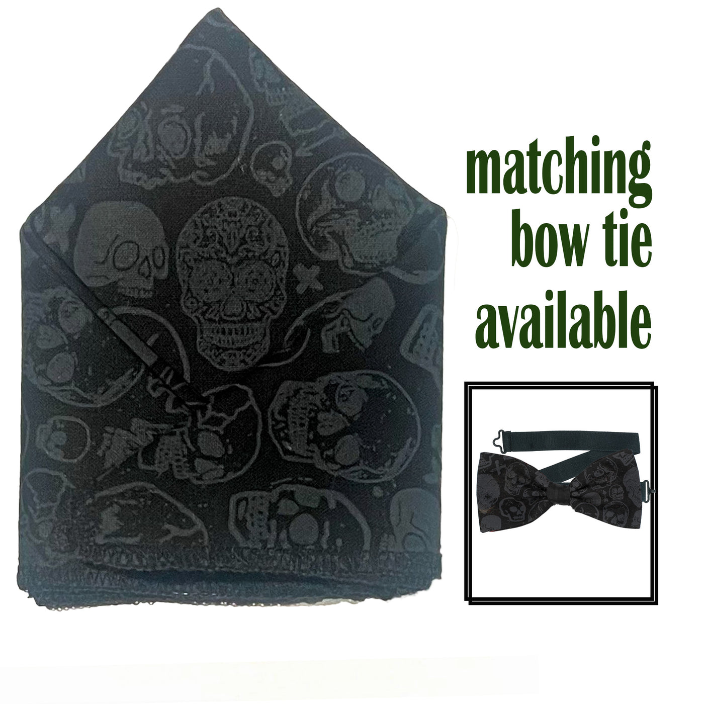 Skulls, sugar skulls, arrows and crosses in grey on black fabric on our handmade bow tie & pocket square.  The pre-tied bow tie is on a sliding ribbon to easily attach. The pre-folded pocket square is  25cm x 25cm, just pop it straight in your pocket
