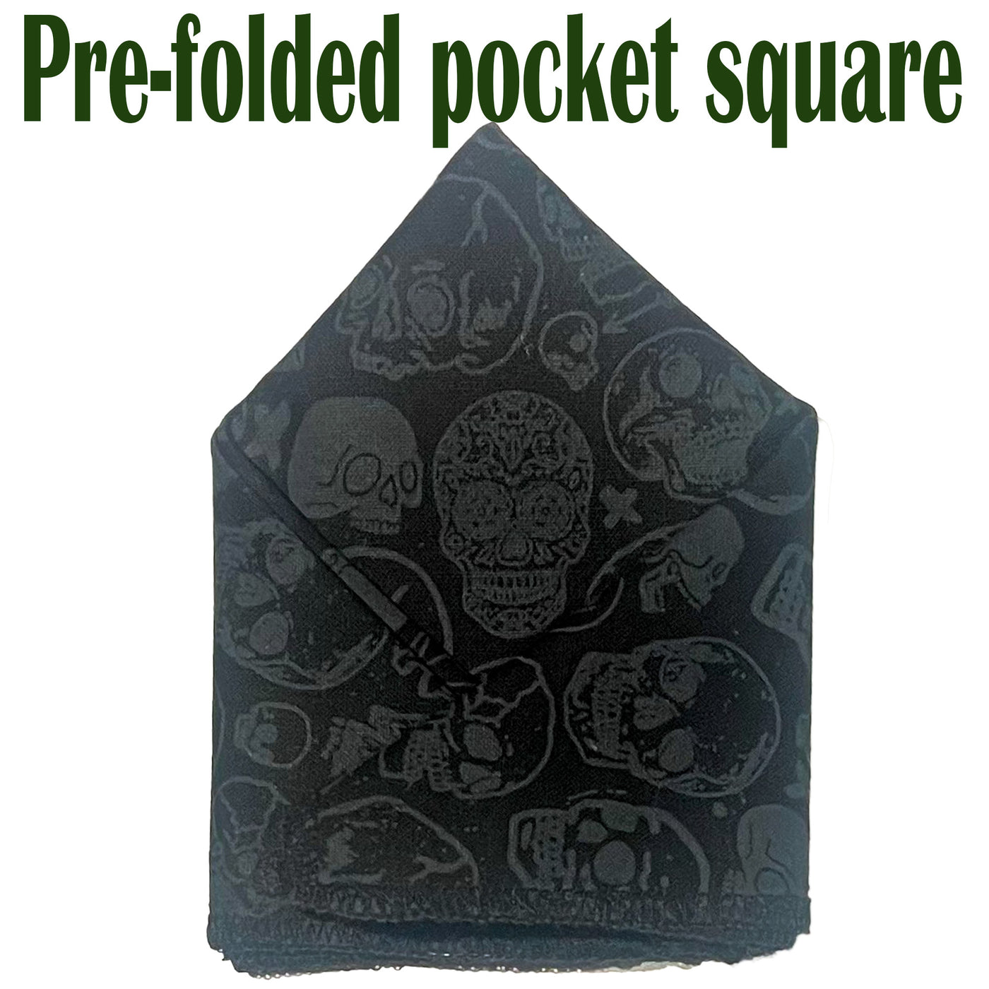 Skulls, sugar skulls, arrows and crosses in grey on black fabric  on our pre-folded pocket square is  25cm x 25cm, pre-folded so just pop it straight in your pocket. Handmade from 100% Cotton
