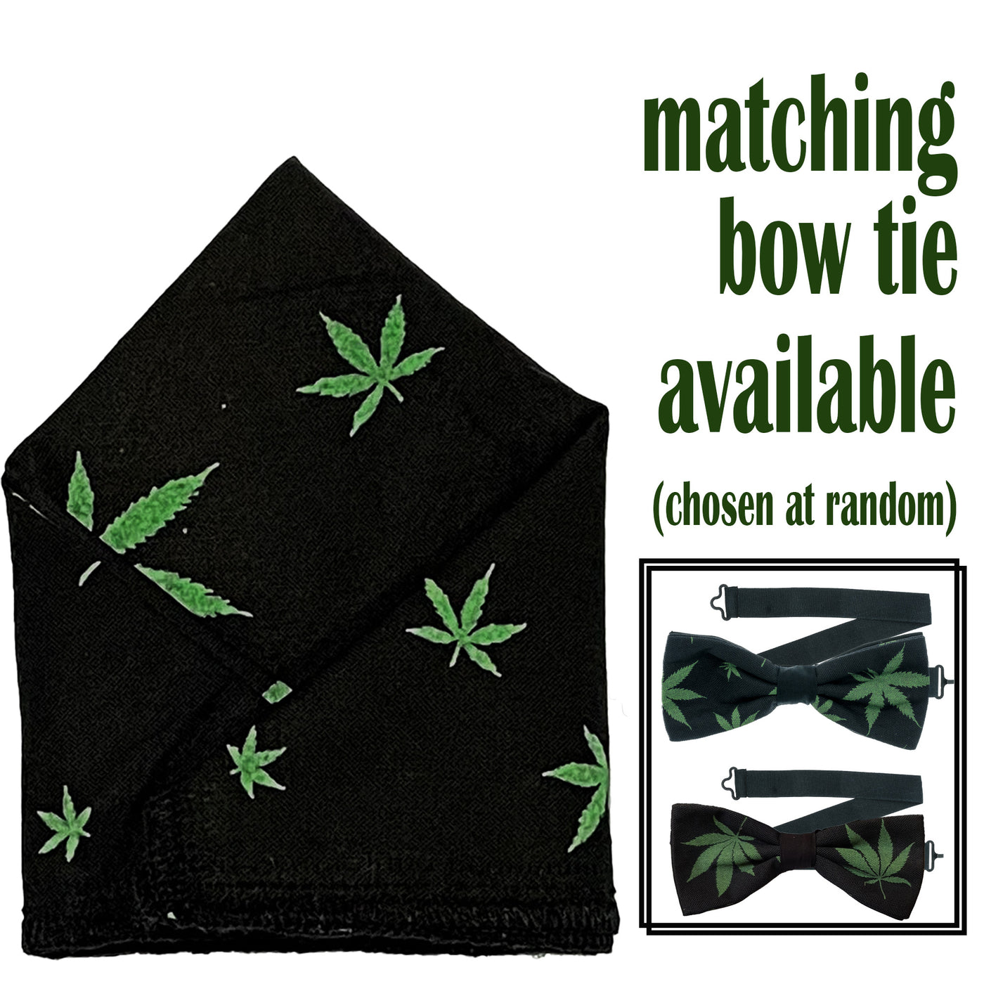 Hemp leaf design on black fabric on our handmade bow tie & pocket square.  The bow tie is on a sliding ribbon. The pocket square is  25 cmx 25 cm, pre-tied so just pop it straight in your pocket. Handmade from 100% Cotton
