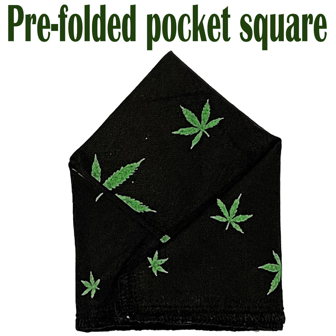 Hemp leaf design on black fabric on our pre-folded pocket square which is  25cm x 25cm, pre-folded so just pop it straight in your pocket. Handmade from 100% Cotton
