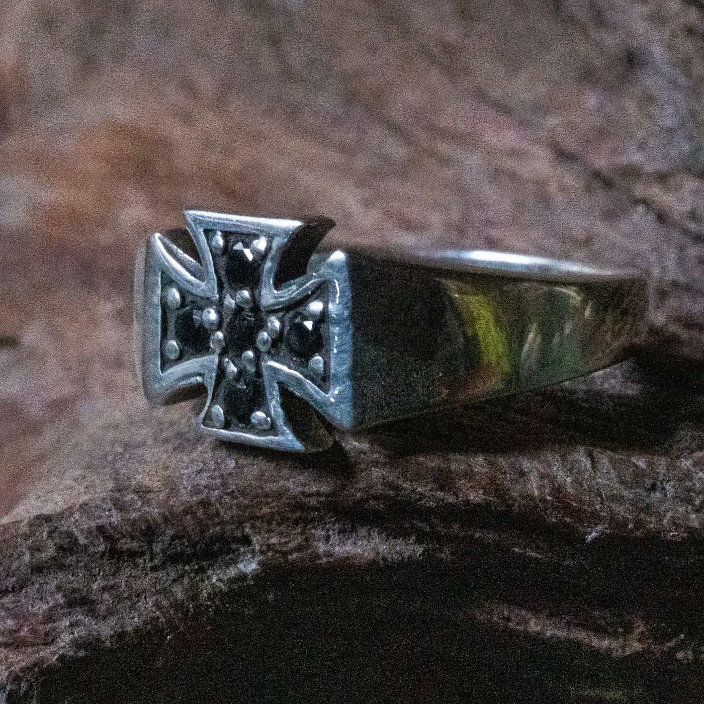 Iron Cross Ring with cubic zirconia