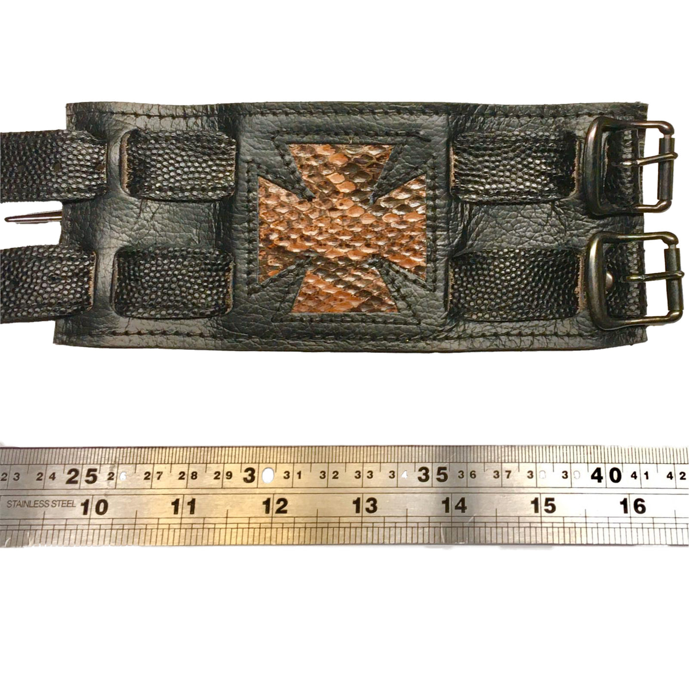 Leather & Vintage Python Snakeskin Iron Cross Wristband