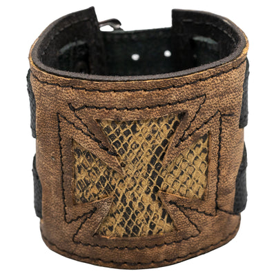 Leather & Vintage Python Iron Cross Wristband