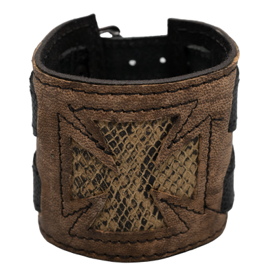 Leather & Vintage Python Iron Cross Wristband