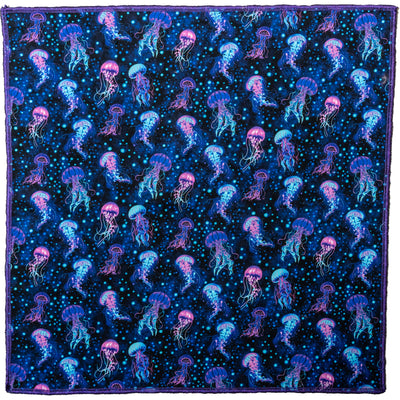 21" X 21" Cotton bandana hand made from jellyfish fabric.  A mass of jellyfish in shades of blues, turquoise & purples with a splattering of bubbles all over.