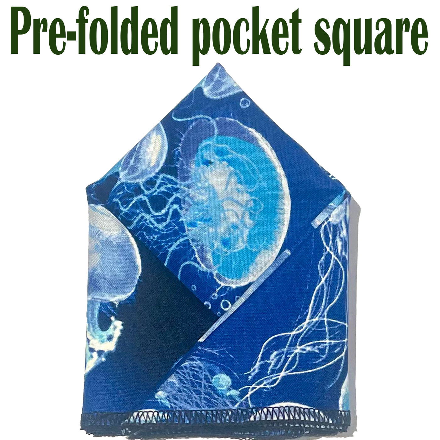 Lovely design with swarms of jellyfish swimming on a sea blue fabric on our pre-folded pocket square which is  25cm x 25cm, pre-folded so just pop it straight in your pocket. Handmade from 100% Cotton
