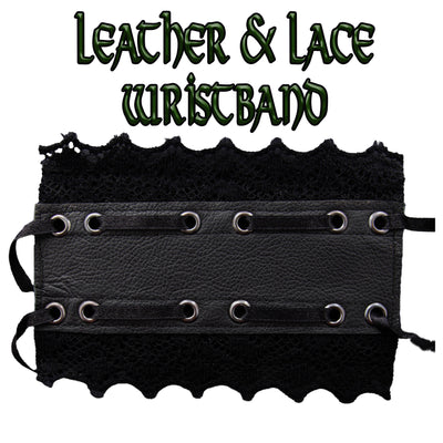 Leather and Lace wristband secured with ribbon.  Makes a great victorian or steampunk costume accessory