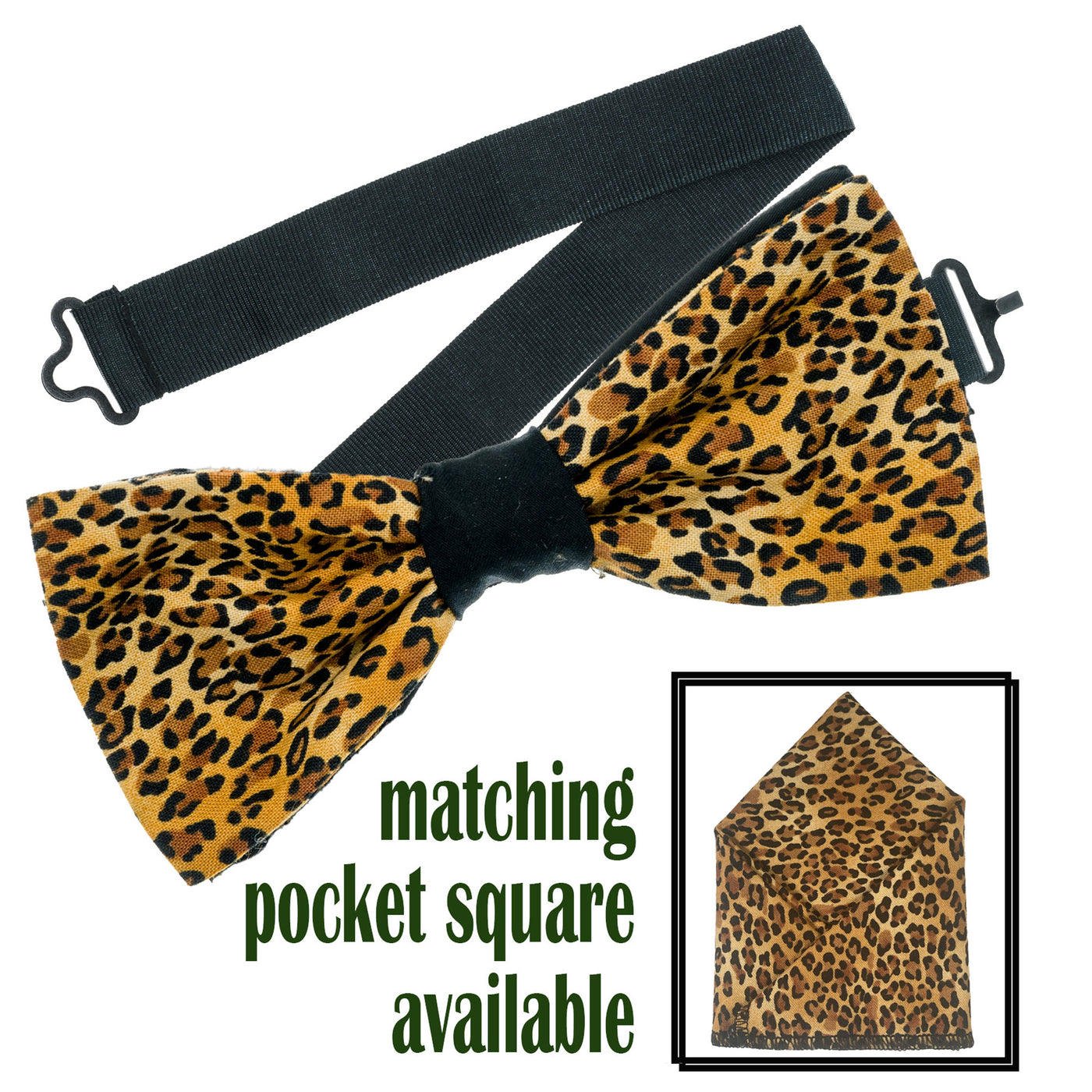 Small Leopard Print design, on our handmade bow tie & pocket square.  The pre-tied bow tie is on a sliding ribbon to easily place and attach. The pre-folded pocket square is  25cm x 25cm, pre-folded so just pop it straight in your pocket. 100% Cotton
