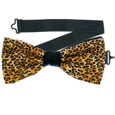 Small leopard print design on our pre-tied bow tie.  The bow tie is on a sliding ribbon to place and attach easily. Handmade from 100% Cotton
