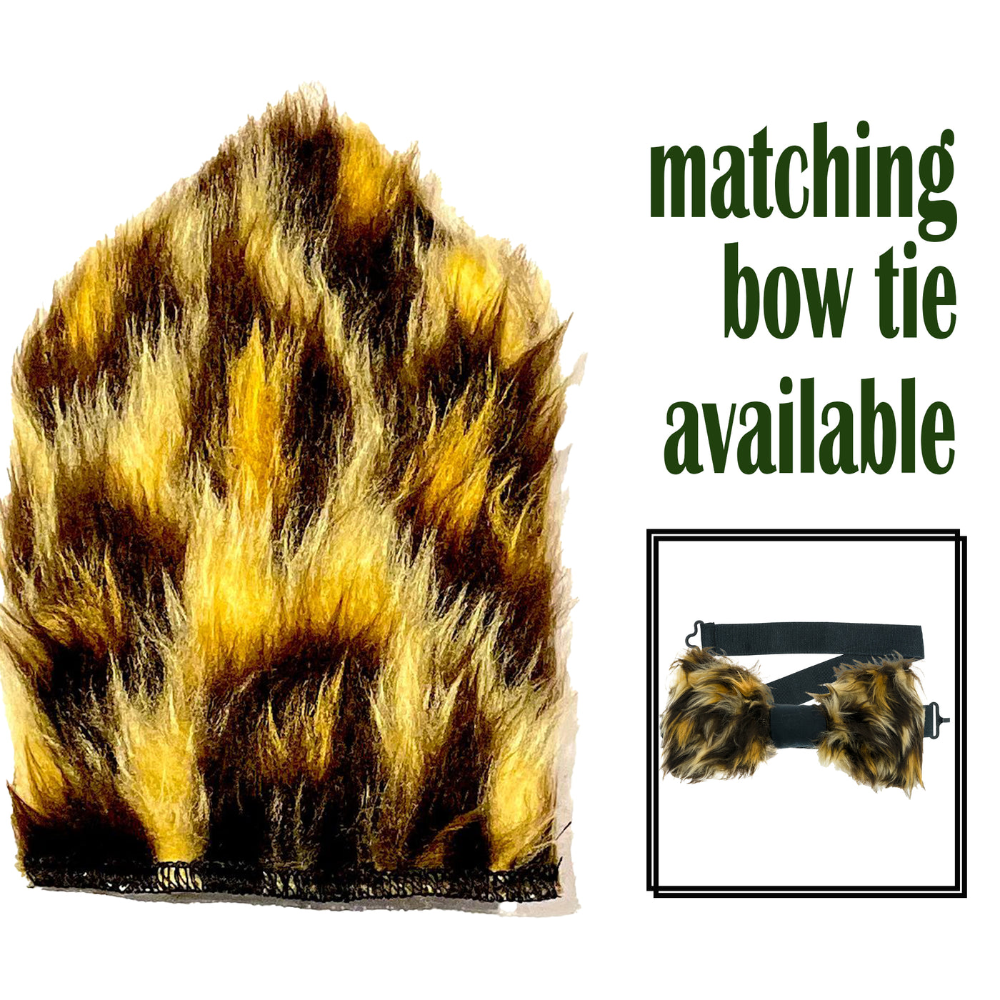 Leopard Faux Fur fluffy fabric Handmade pre-tied bow tie & shaped pocket insert. The bow tie is on a sliding ribbon to easily attach. The pocket insert is shaped and ready to go, just pop it in your breast pocket. Handmade from Faux Fur & 100% cotton
