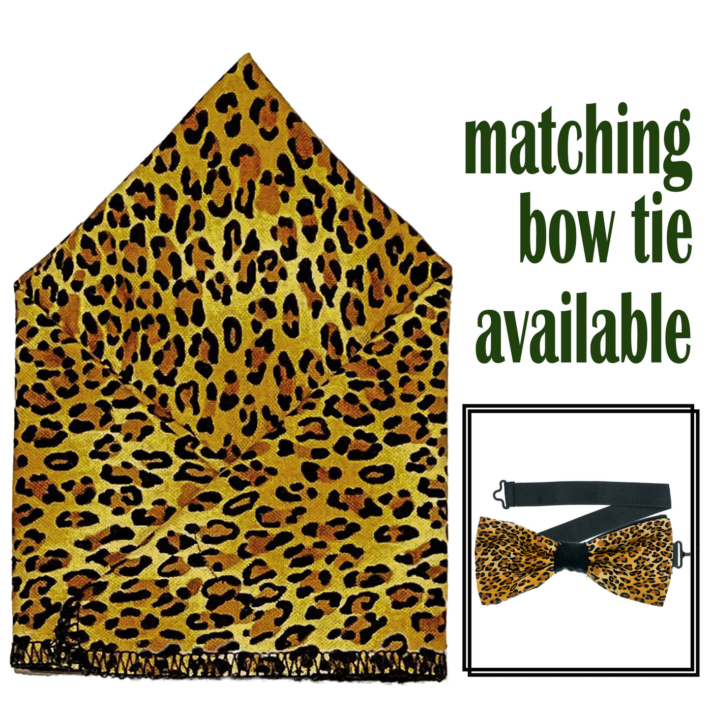 Small Leopard Print design, on our handmade bow tie & pocket square.  The pre-tied bow tie is on a sliding ribbon to easily place and attach. The pre-folded pocket square is  25cm x 25cm, pre-folded so just pop it straight in your pocket. 100% Cotton
