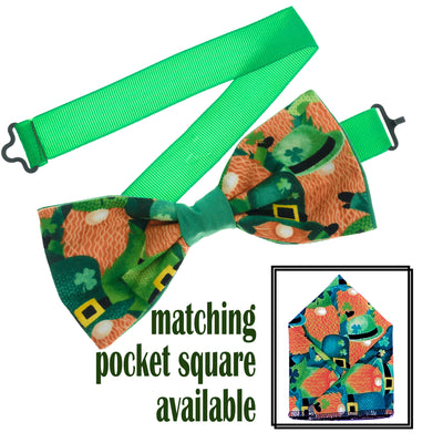 Great design with leprechauns with orange beards & green hats & shamrocks bow tie & pocket square.  The pre-tied bow tie is on a sliding ribbon to easily attach. The pre-folded pocket square is  25cm x 25cm just pop it straight in your pocket. Cotton
