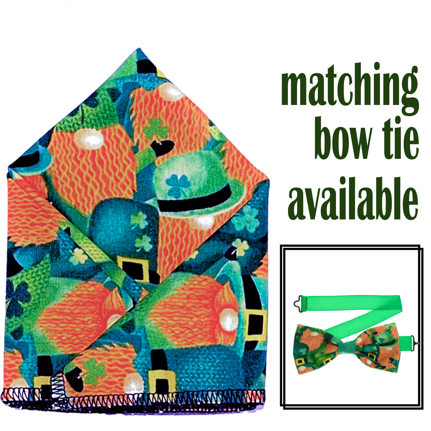 Great design with leprechauns with orange beards & green hats & shamrocks bow tie & pocket square.  The pre-tied bow tie is on a sliding ribbon to easily attach. The pre-folded pocket square is  25cm x 25cm just pop it straight in your pocket. Cotton
