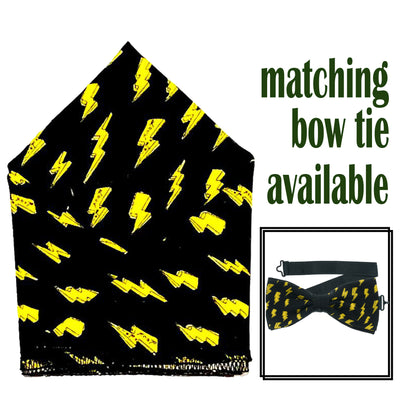 Black Fabric with yellow lightning bolts with rock n roll printed on our pre-tied bow tie & pre-folded pocket square. The bow tie is on a sliding ribbon to easily attach.The pocket square is  pre-folded so just pop it straight in your breast pocket
